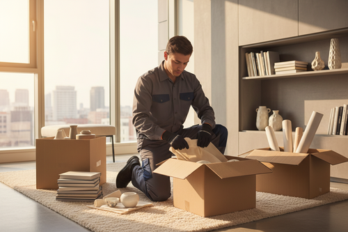 Professional mover carefully packing household items into boxes in a one-bedroom apartment