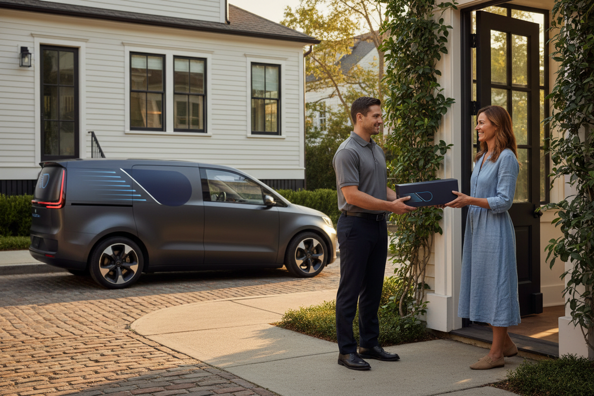 Professional courier making a same-day delivery at a modern home or business in Charleston