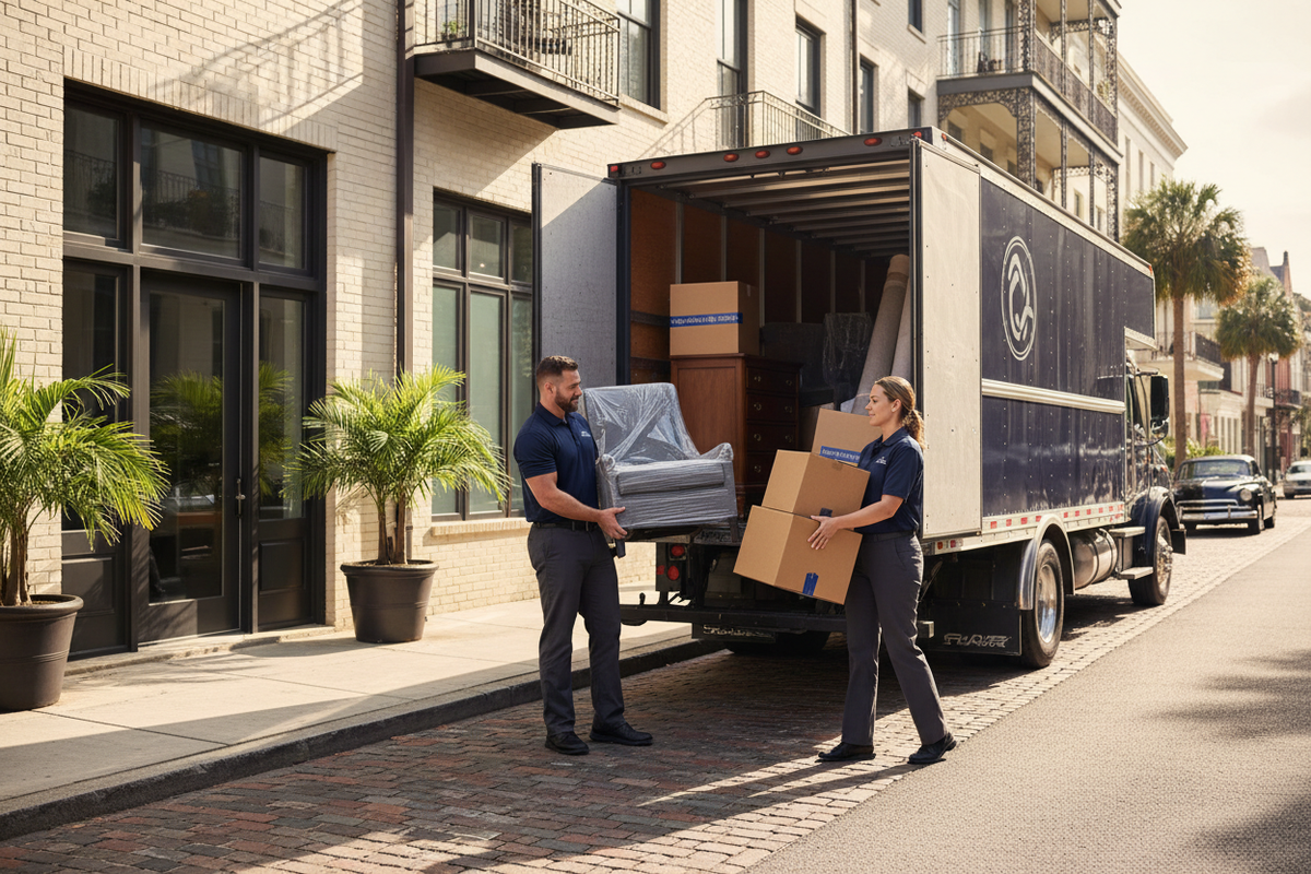 Professional movers loading furniture and boxes from a one-bedroom apartment into a moving truck in Charleston