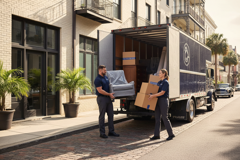 Professional movers loading furniture and boxes from a one-bedroom apartment into a moving truck in Charleston